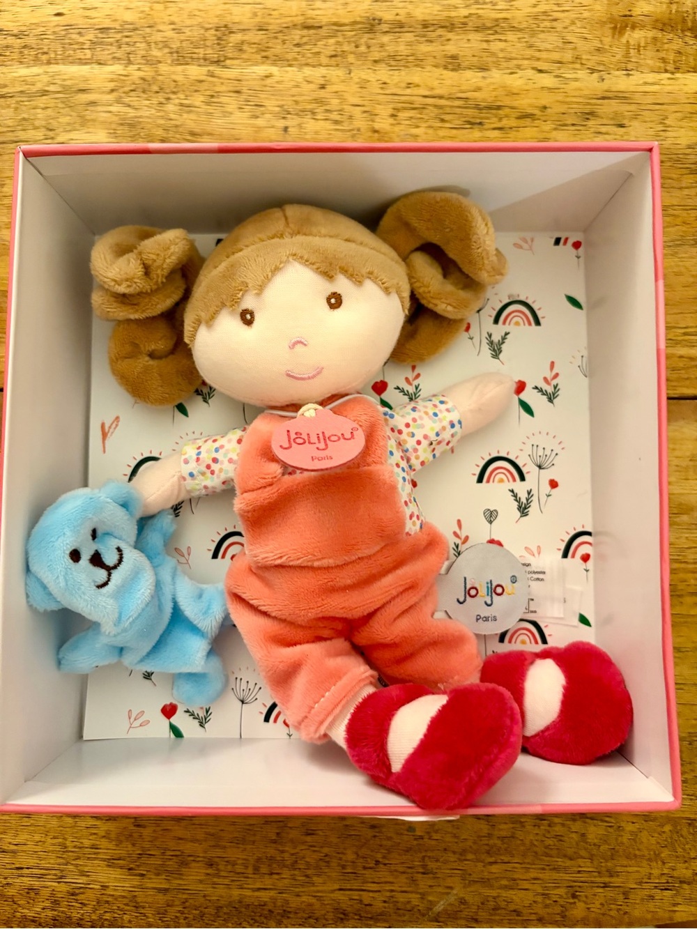 Jolijou Paris Demoiselle My First Doll with overalls and blue bear - Plush 7"